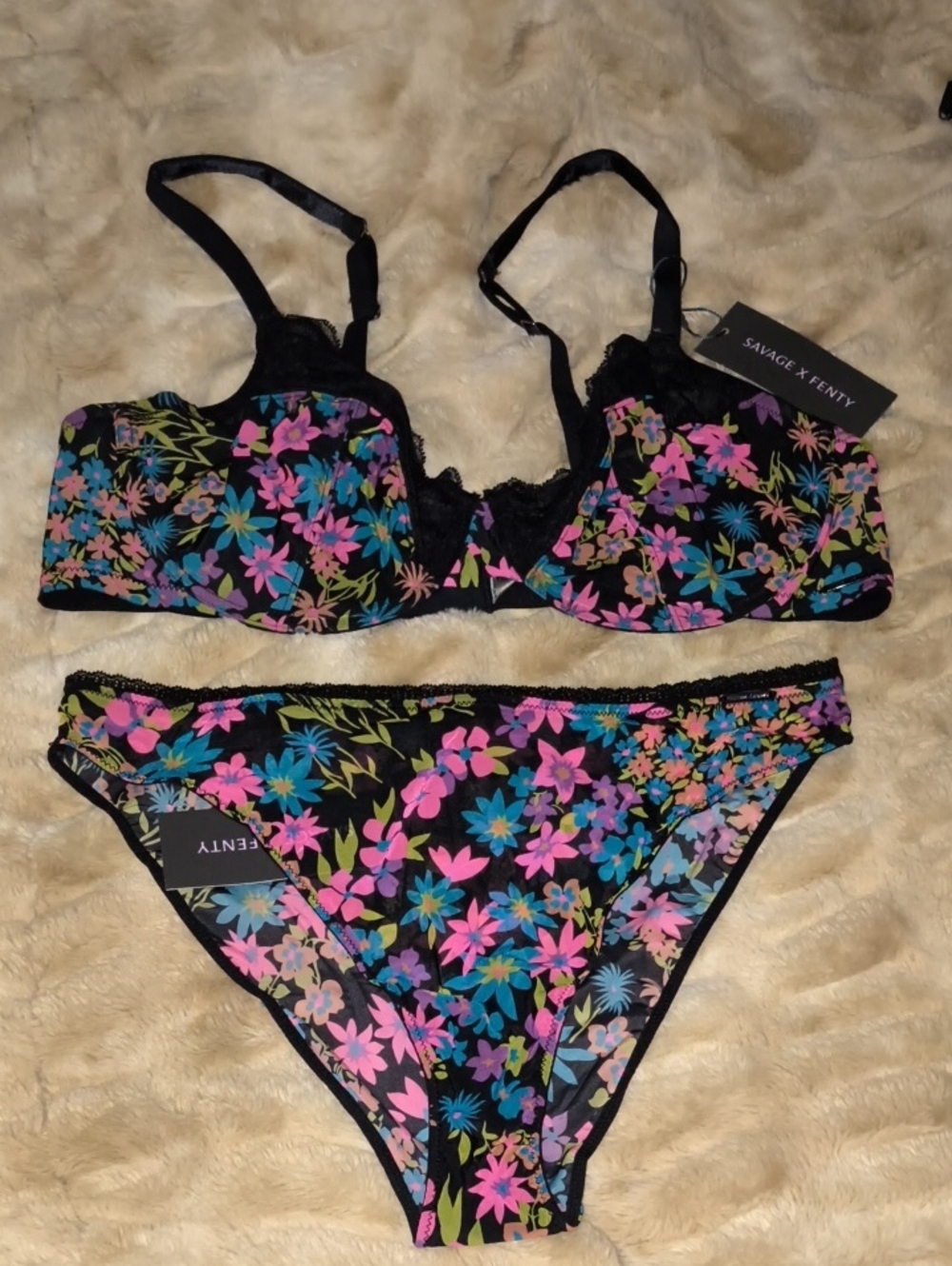 Savage X Fenty Black Floral Lace Underwire Bra & High-leg Bikini Set